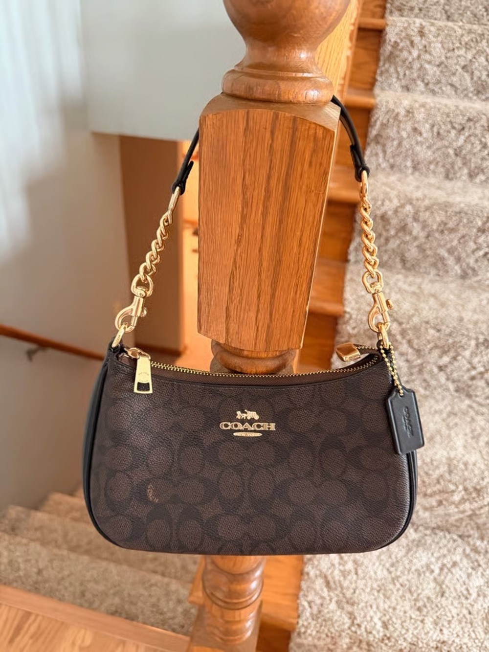 Coach Brown Signature Mini Shoulder Bag with Gold Hardware